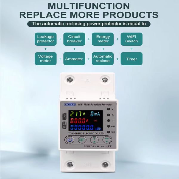Розумнавтомат захисту, вольтметр, амперметр, УЗв, дифавтомат, лічильник електроенергії TOMZN TOMPD-63LW WIFI Tuya 241107206 фото