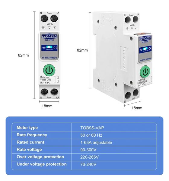 Розумний автомат захисту, вольтметр, амперметр, лічильник електроенергії, таймер TOB9S-VAP Tuya smart WiFI 24061142 фото