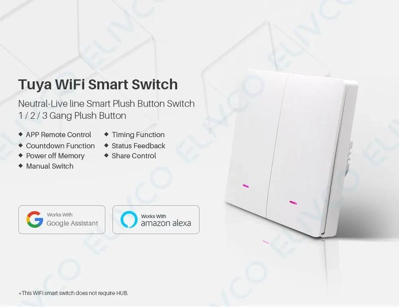 Розумний вимикач Elivco Wifi Tuya Smart Life (2 клавіші, фаза, нуль) 24050634 фото