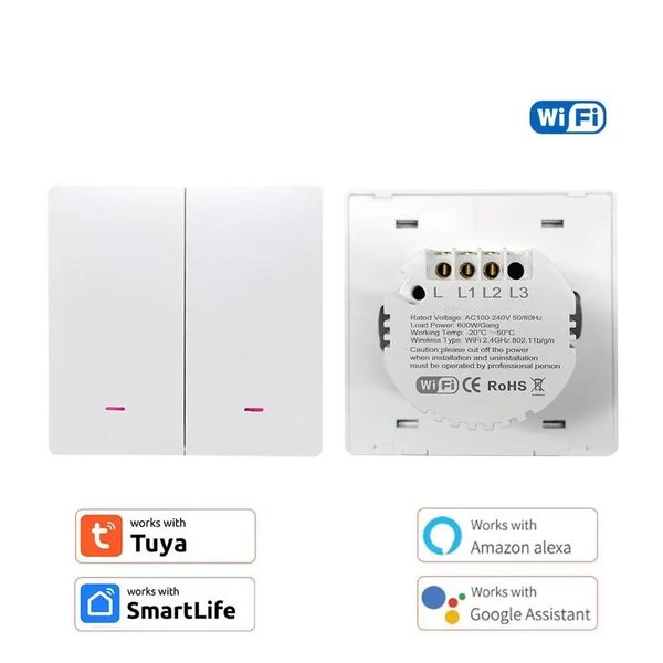 Розумний вимикач Elivco Wifi Tuya Smart Life (2 клавіші, фаза без нуля) 24050635 фото